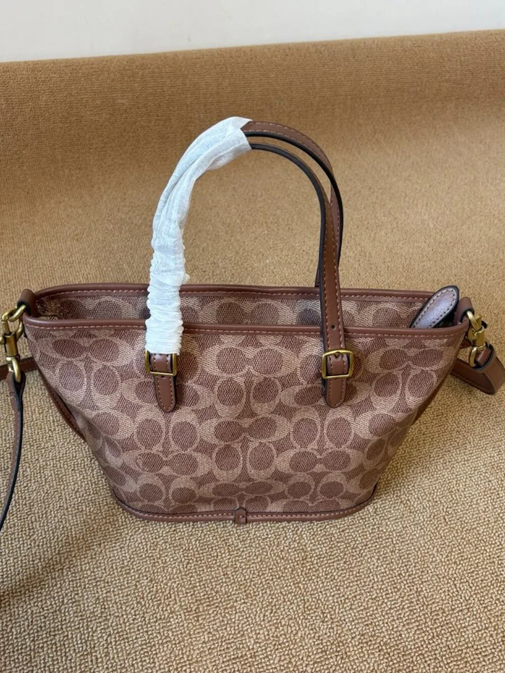 🤎Coach Khaki Signature Mini Tote Adjustable Handle Detachable Crossbody Bag